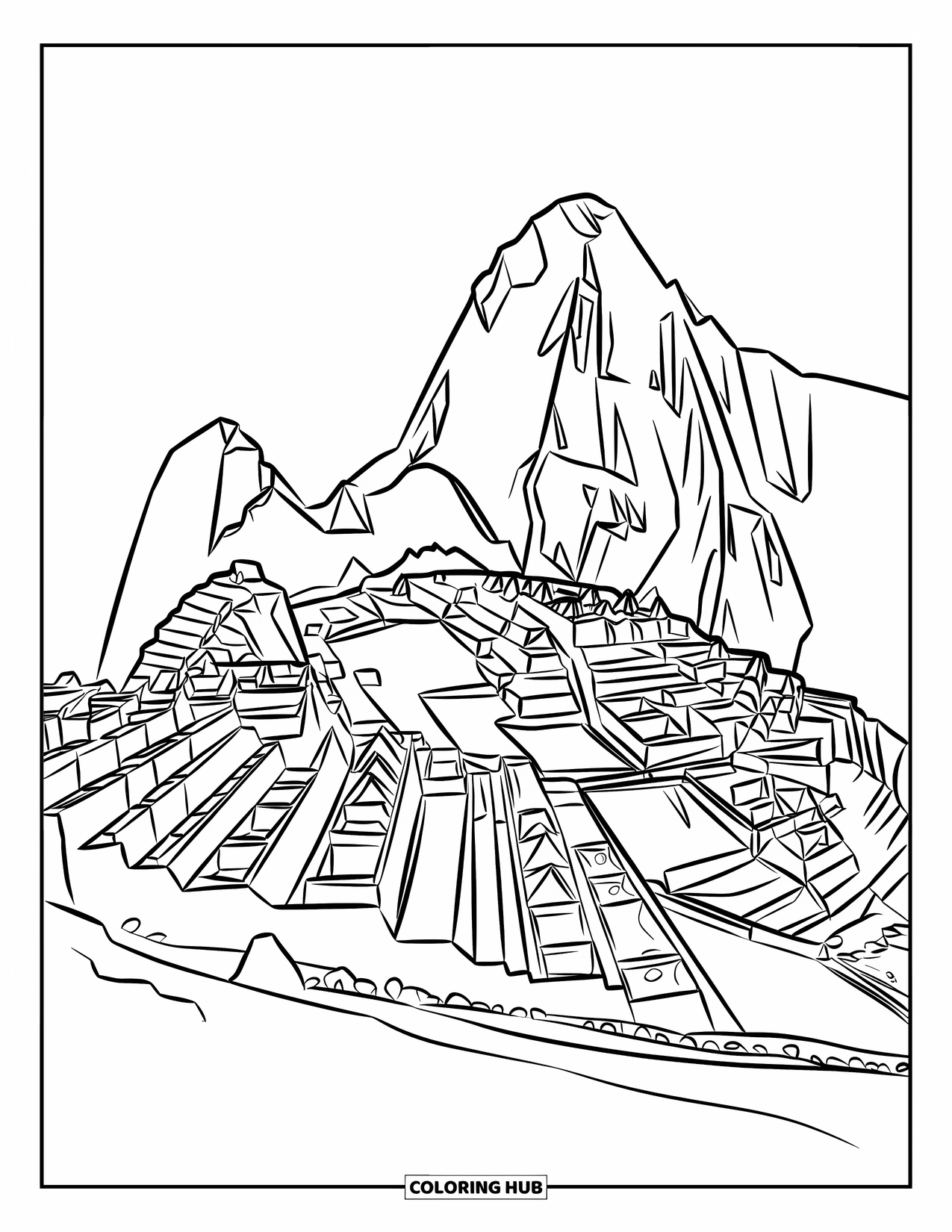 Peru Coloring Page for Kids: A wide view of Machu Picchu shows stone paths and towering mountains