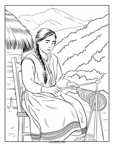 Coloriage du Pérou pour enfants : Une femme file la laine devant une hutte au toit de chaume dans un cadre montagneux verdoyant