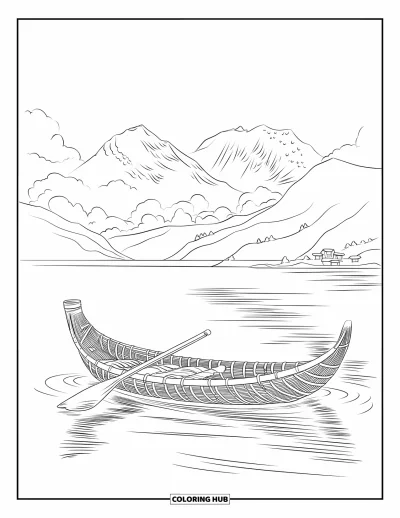 Coloriage du Pérou pour enfants : Un bateau en roseaux glisse sur un lac calme sous des montagnes brumeuses