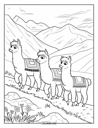 Coloriage du Pérou pour enfants : Des alpagas empruntent un sentier rocailleux parmi des fleurs sauvages et des pics imposants