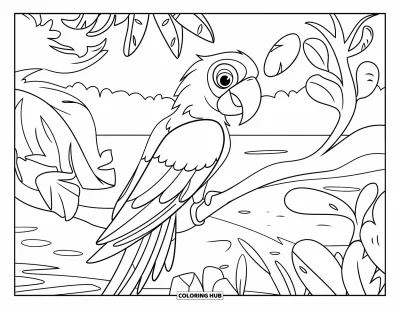 Coloriage du Pérou pour enfants : Un perroquet amazonien aux plumes vives veille sur la jungle et l'eau