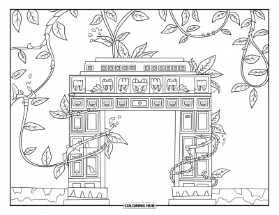 Coloriage du Pérou pour enfants : Une ancienne arche inca se dresse avec des lianes enroulées doucement autour de ses sculptures