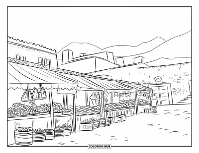 Coloriage du Pérou pour enfants : Des fruits et des textiles remplissent les étals d'un charmant marché de village péruvien