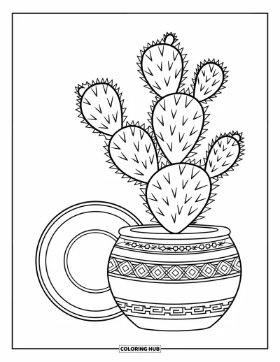 Coloriage du Pérou pour enfants : Des motifs géométriques ornent une poterie placée à côté d'un cactus épineux