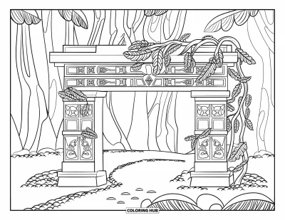 Coloriage du Pérou pour enfants : Des sculptures complexes et des lianes feuillues décorent une arche inca en pierre parmi de grands arbres