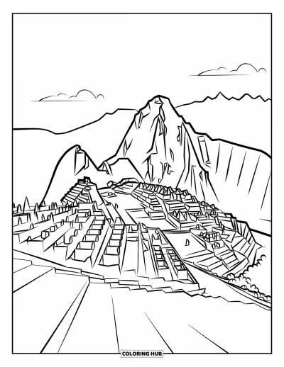 Coloriage du Pérou pour enfants : Le Machu Picchu se dresse au-dessus d'une végétation luxuriante et d'un ciel dégagé avec d'anciennes terrasses