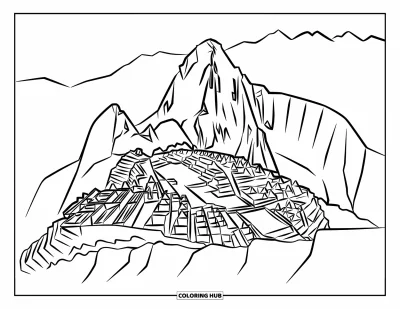 Coloriage du Pérou pour enfants : Les terrasses et l'escalier du Machu Picchu se dressent fièrement parmi les sommets andins