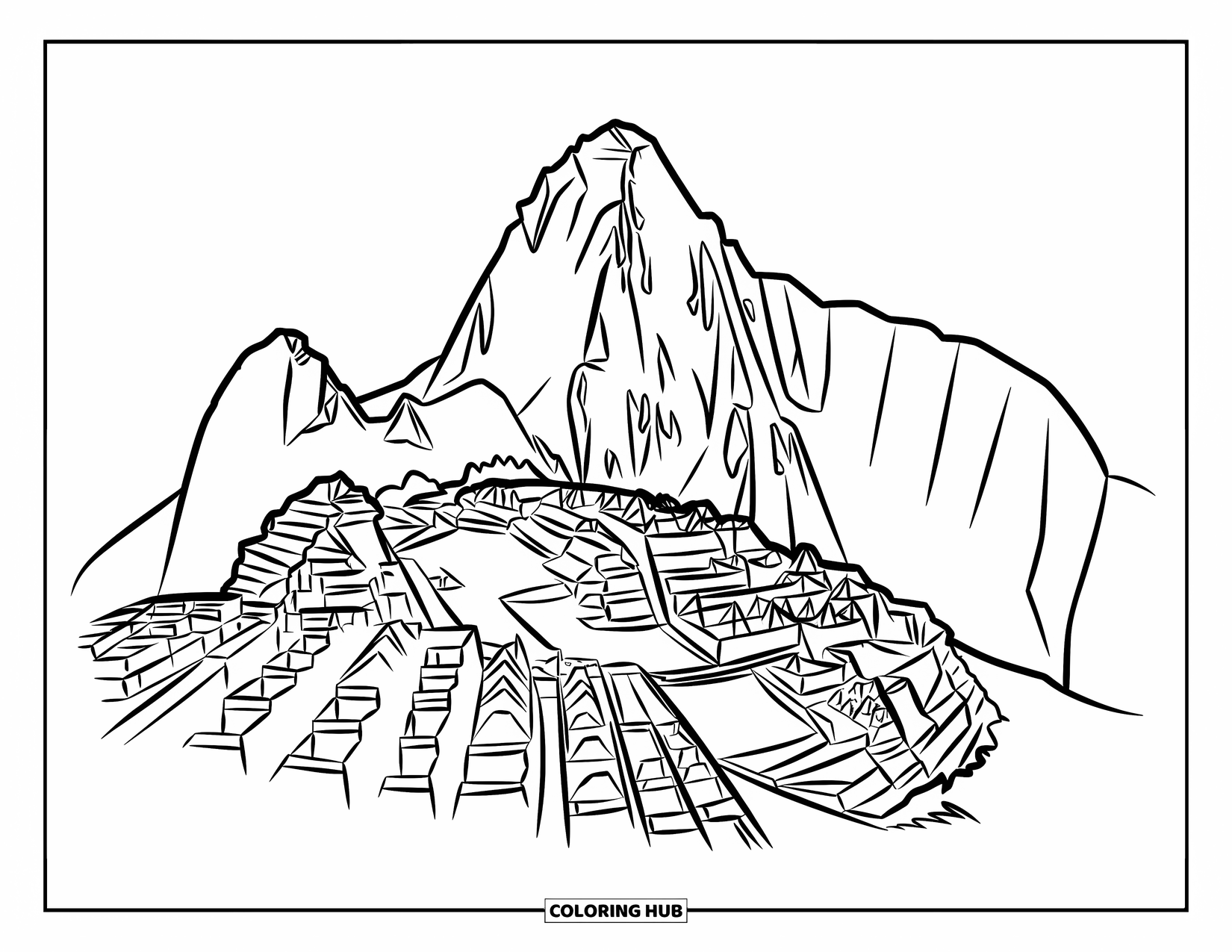Peru Coloring Page for Kids: Machu Picchu's terraces rise boldly against a clean, open sky