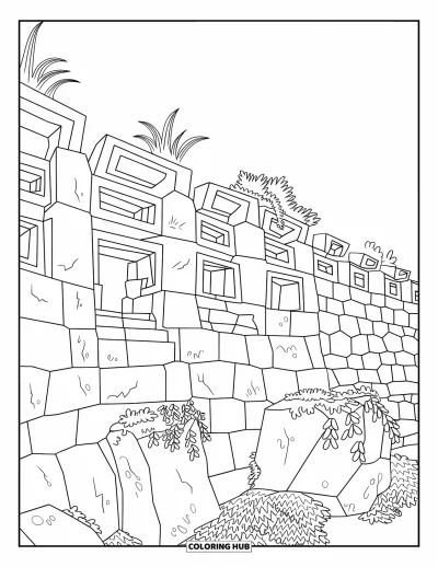 Coloriage du Pérou pour enfants : De la mousse et des sculptures recouvrent un vieux mur inca entouré d'un ciel dégagé et de plantes