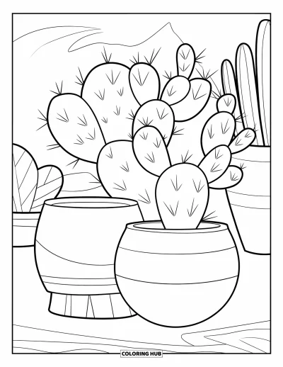 Coloriage du Pérou pour enfants : Des épines acérées et des poteries robustes définissent cette scène désertique paisible