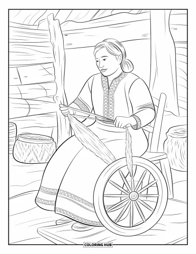 Coloriage du Pérou pour enfants : Une femme péruvienne file la laine sur un rouet, travaillant paisiblement dans un village rustique