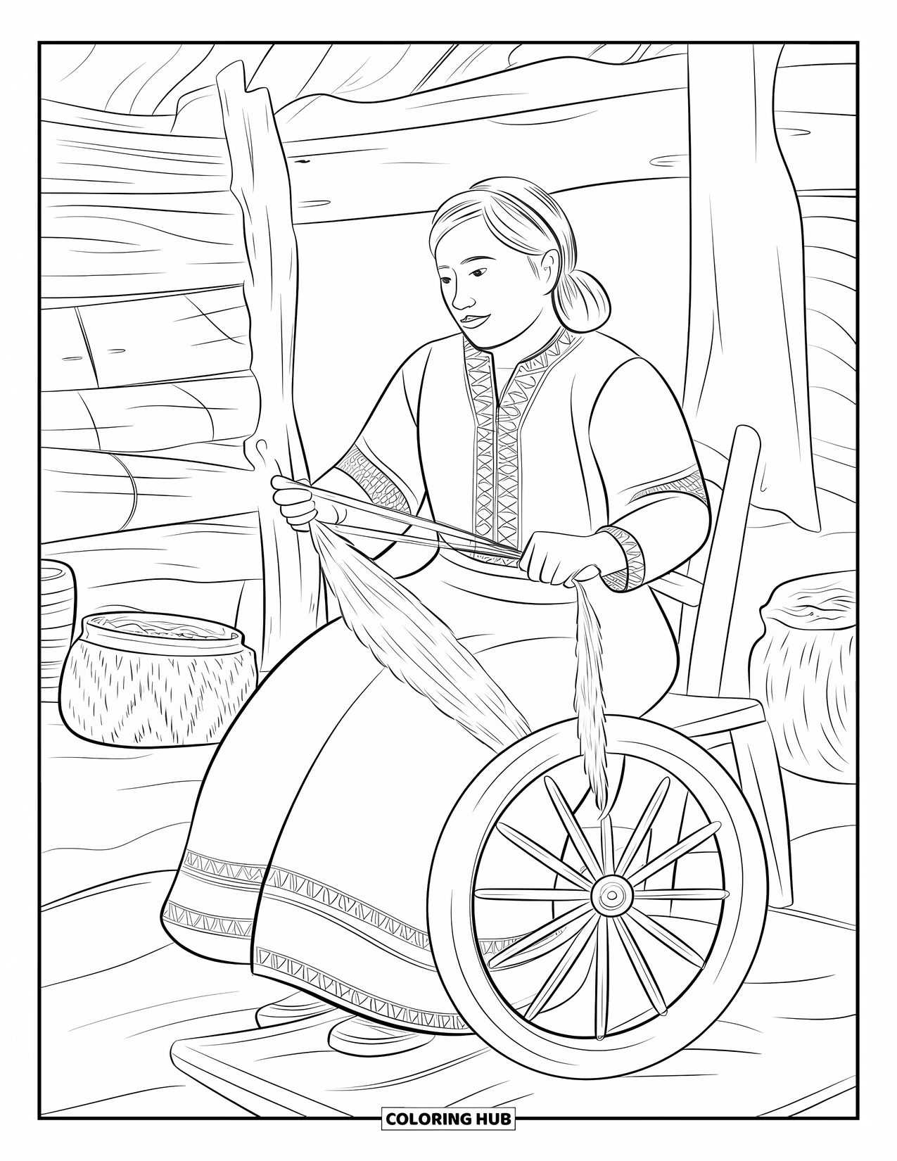 Peru Coloring Page for Kids: Spinning wool on a wheel, a Peruvian woman works peacefully in a rustic village