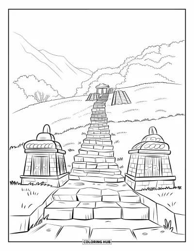 Coloriage du Pérou pour enfants : Des marches serpentent sur le sentier devant des temples sculptés et des montagnes verdoyantes