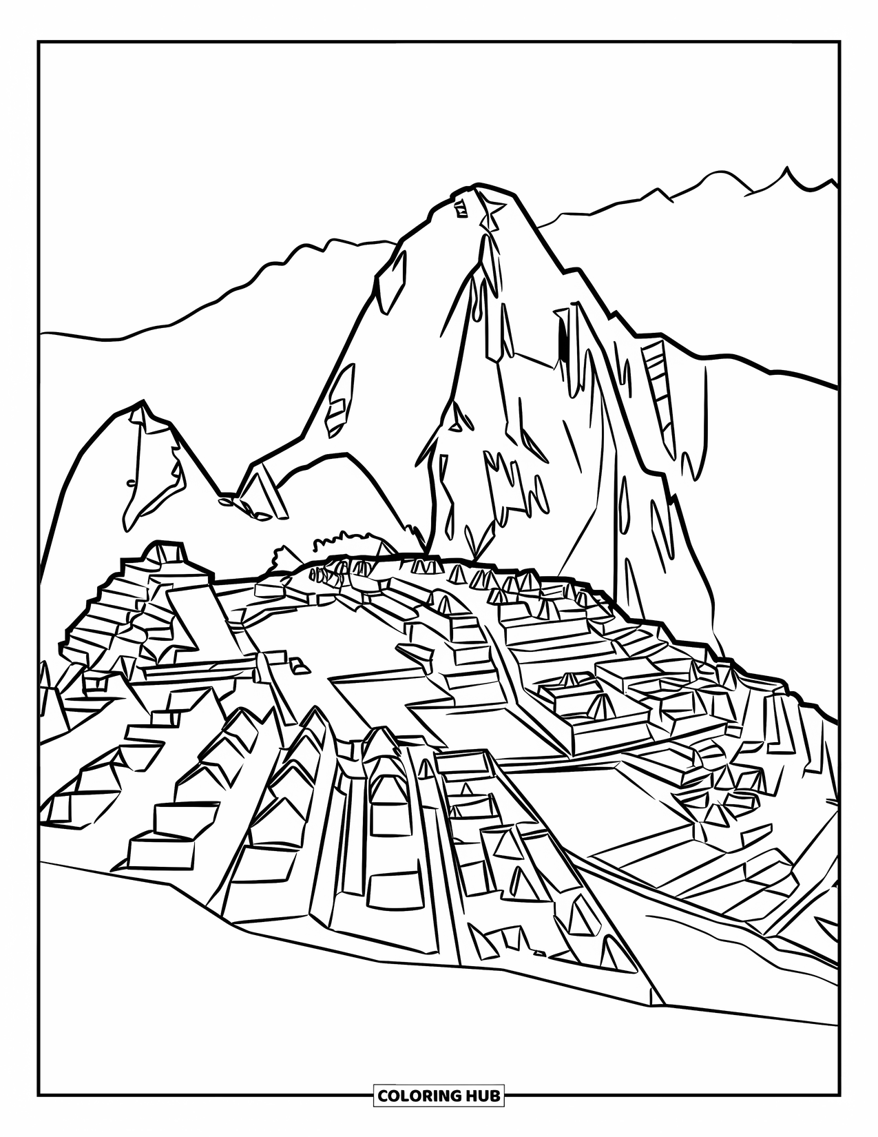 Peru Coloring Page for Kids: Stone steps lead to Machu Picchu, surrounded by dramatic peaks