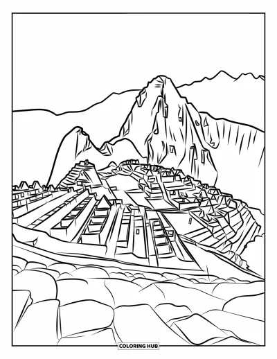Coloriage du Pérou pour enfants : Des marches en pierre serpentent à travers les ruines antiques du Machu Picchu et de hauts sommets