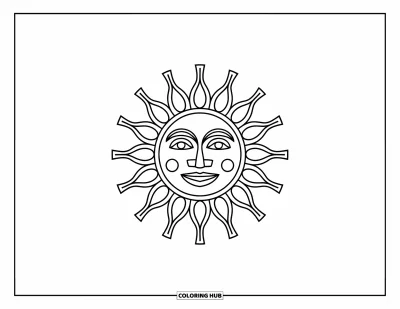 Coloriage du Pérou pour enfants : Le soleil inca sourit chaleureusement avec des rayons à motifs et des lignes simples