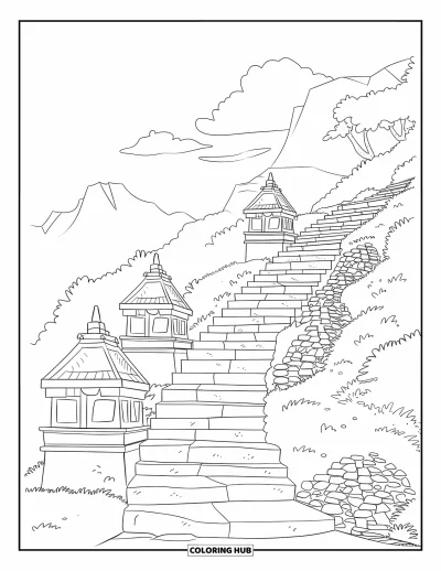 Coloriage du Pérou pour enfants : Le chemin inca grimpe à travers une végétation luxuriante et des temples anciens