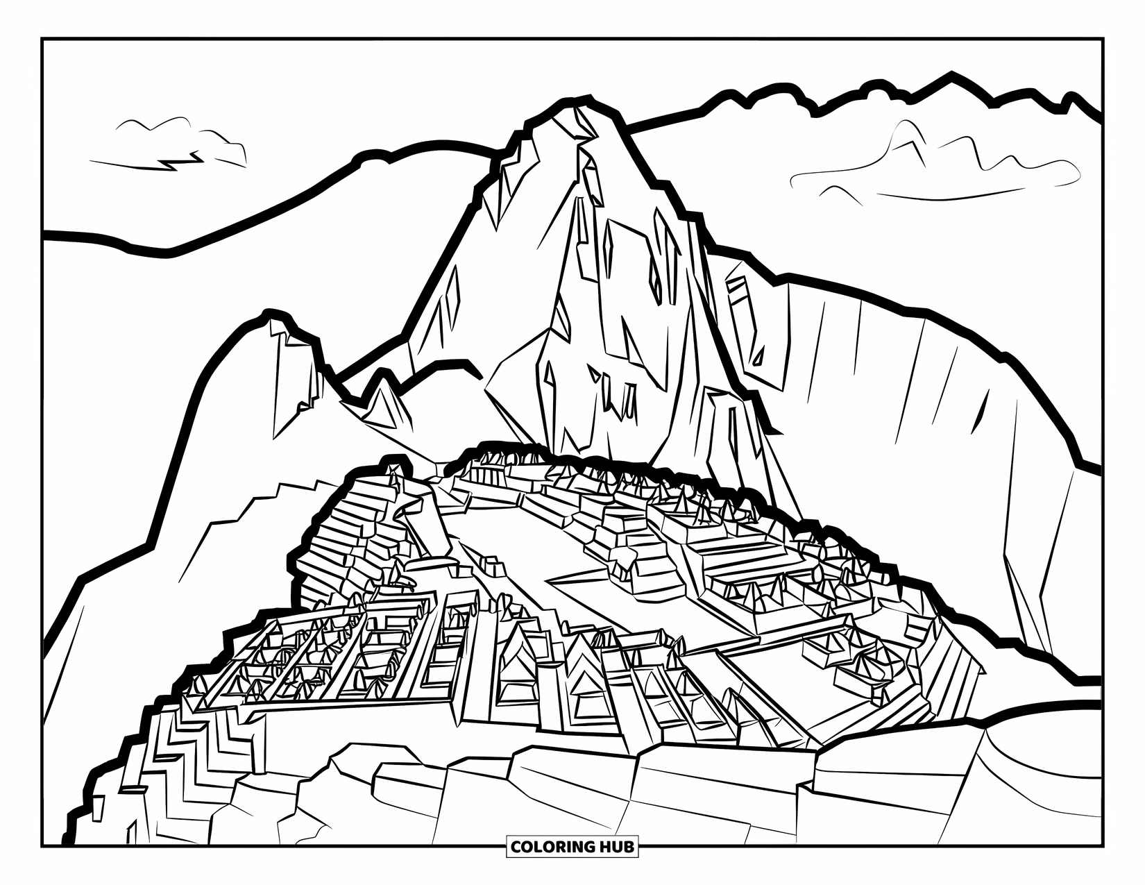 Peru Coloring Page for Kids: Three simple terraces represent Machu Picchu's ancient beauty