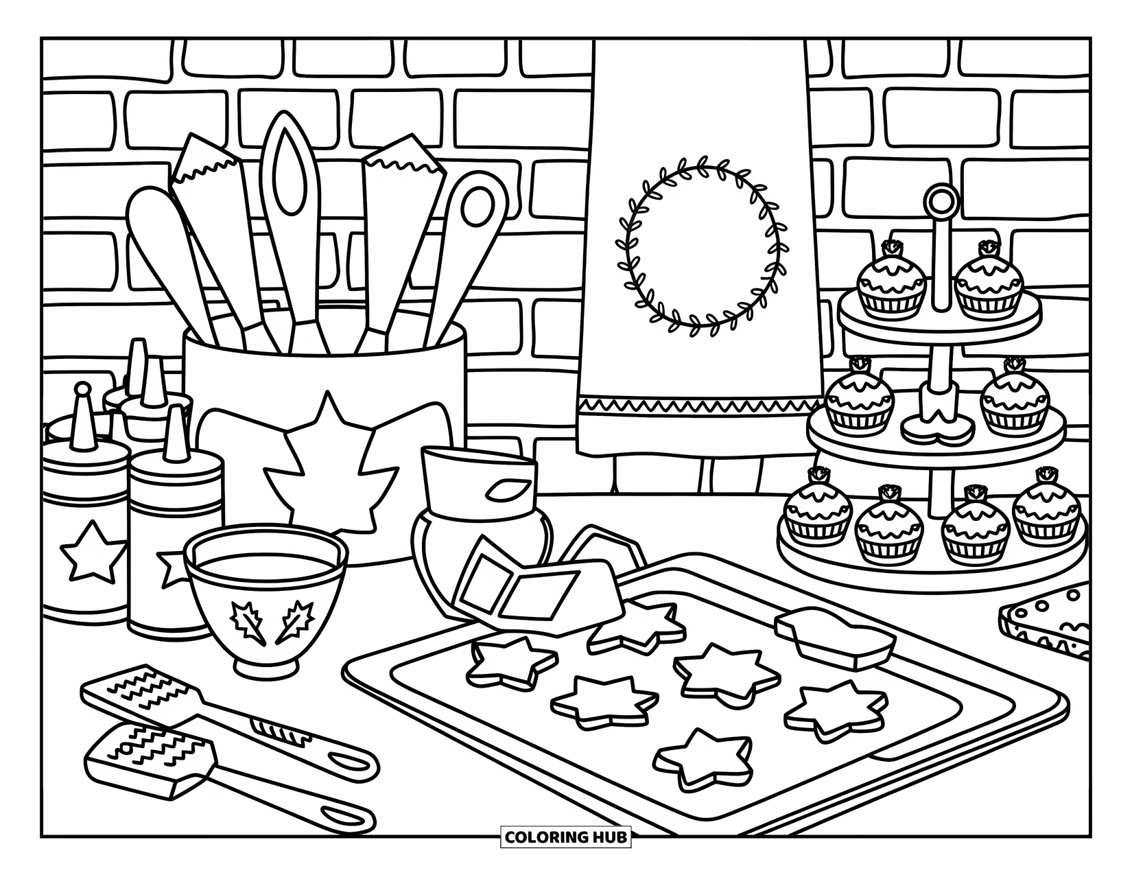 Preppy Christmas Coloring Page for Adults: A cheerful kitchen counter is packed with holiday treats, tools, and cozy details