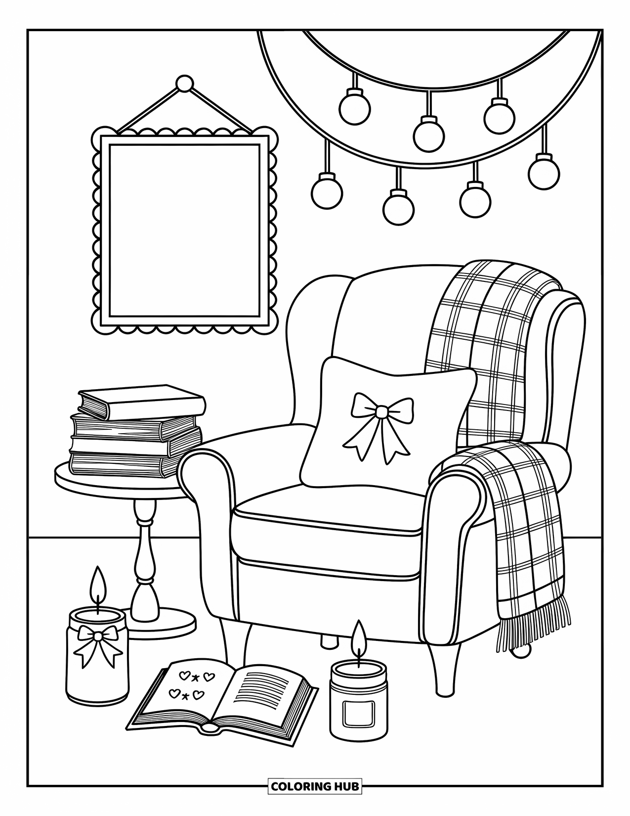 Preppy Christmas Coloring Page for Adults: A cozy chair with books and a candle sits under fairy lights and a bow pillow