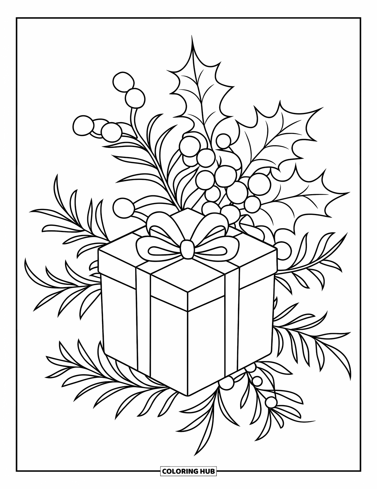 Preppy Christmas Coloring Page for Adults: A decorated gift box with holly details makes a festive holiday statement