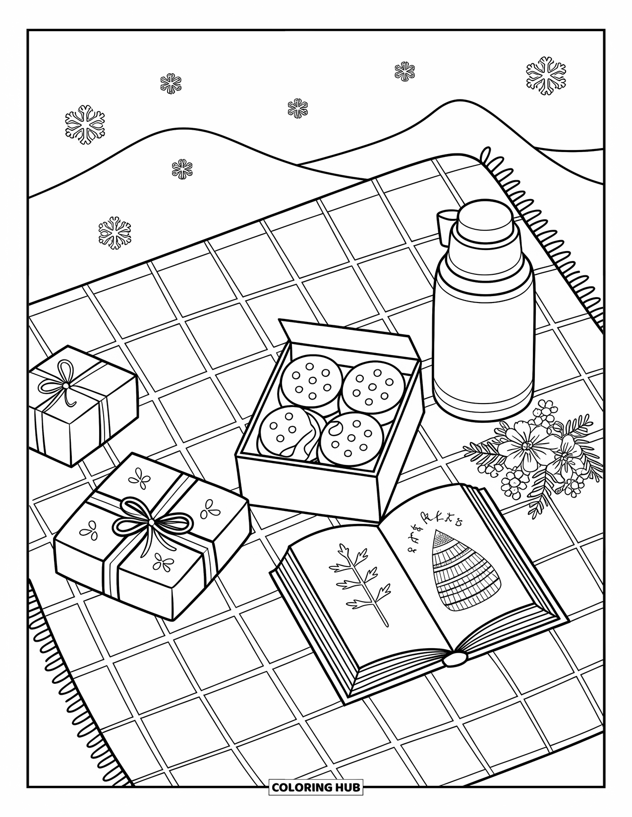 Preppy Christmas Coloring Page for Adults: A festive blanket picnic includes cookies, fruit, and gifts under snowy skies