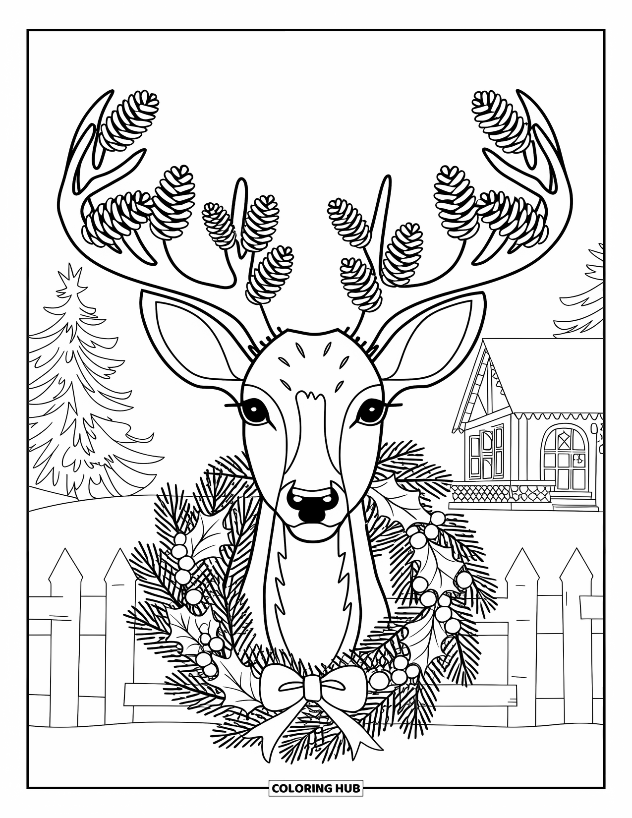 Preppy Christmas Coloring Page for Adults: A festive deer with pinecones and holly stands before a cozy cottage scene