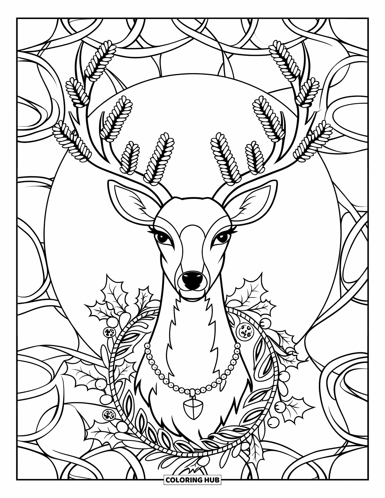 Preppy Christmas Coloring Page for Adults: A garland-wrapped deer head wears a pendant and holly with flair