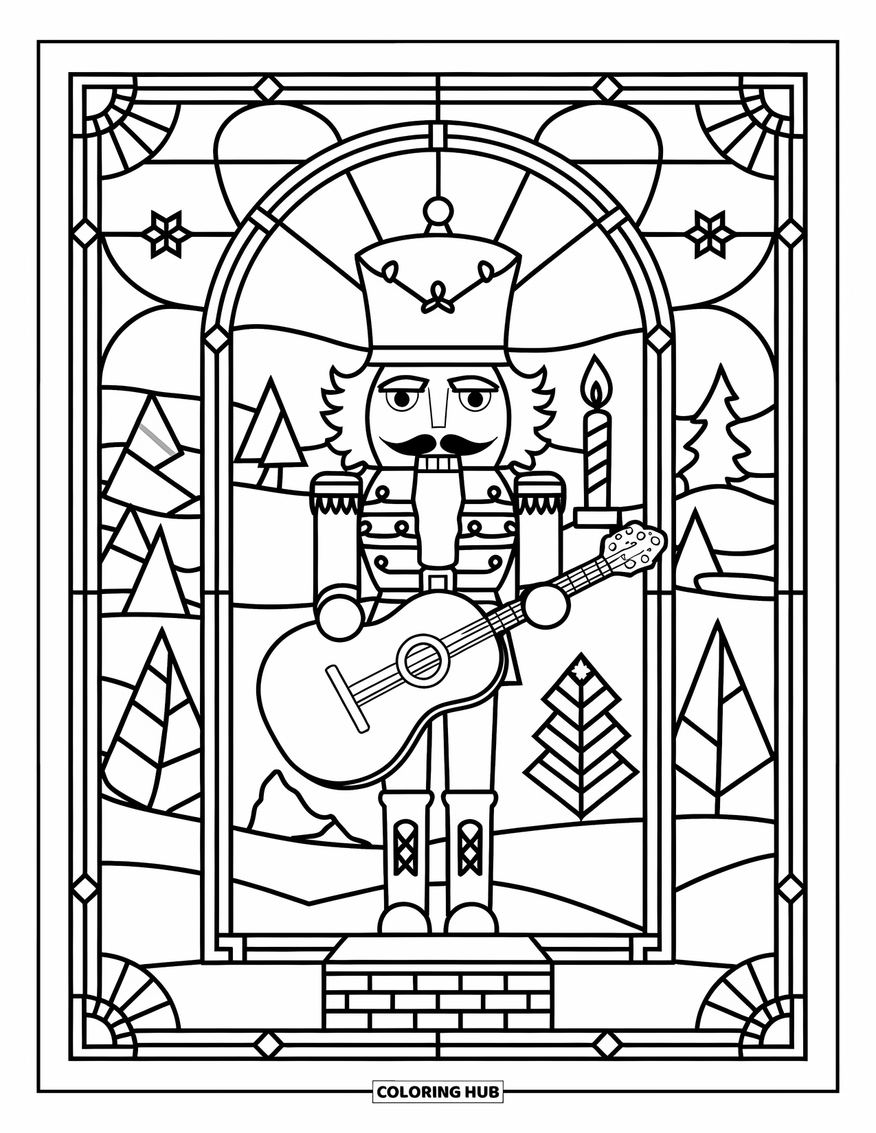 Preppy Christmas Coloring Page for Adults: A guitar-holding nutcracker glows in a stained glass holiday scene