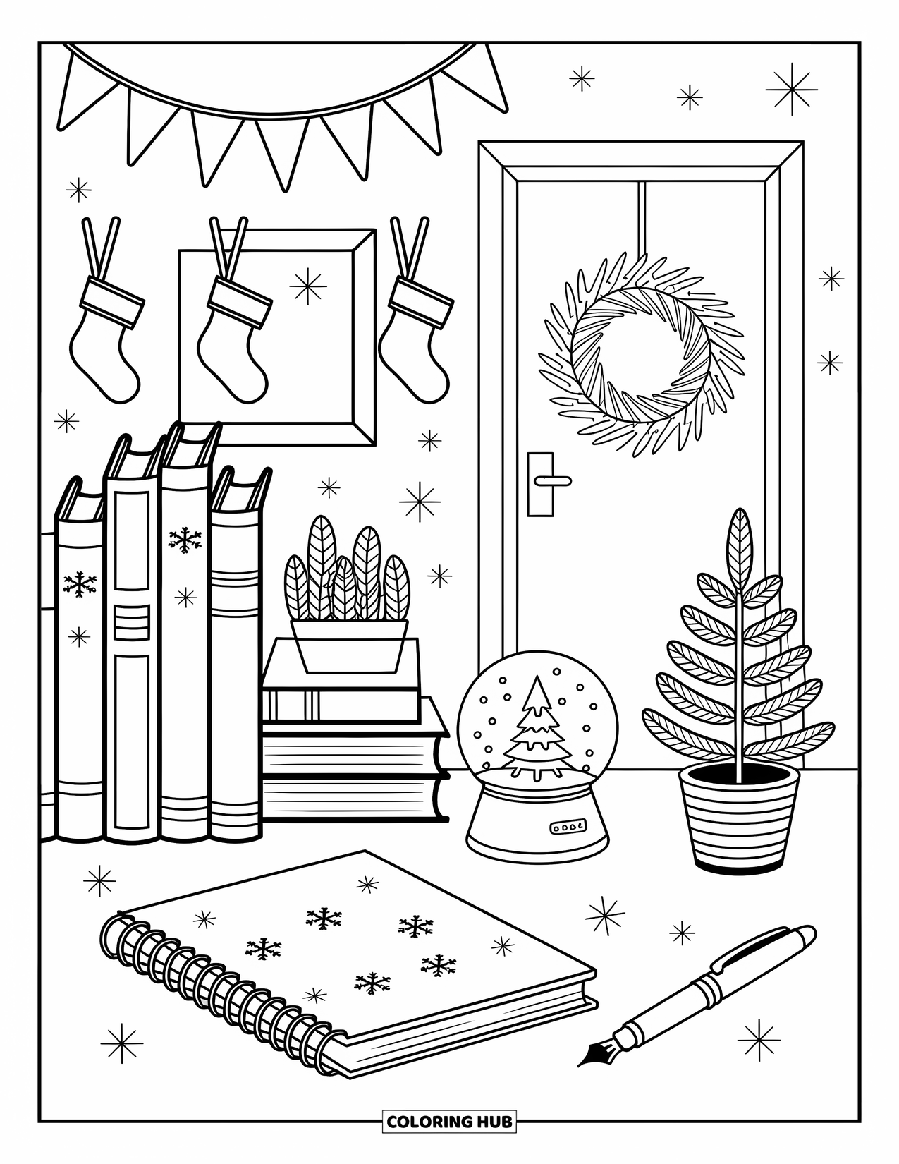 Preppy Christmas Coloring Page for Adults: A holiday desk with bookmarks, a wreath photo, and cheerful stockings feels cozy and calm