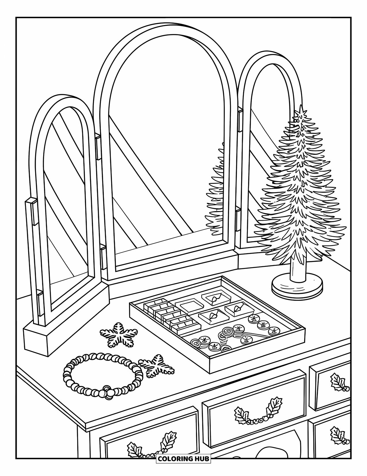 Preppy Christmas Coloring Page for Adults: A holiday vanity holds jewelry, makeup, and festive clips with cozy, cute details