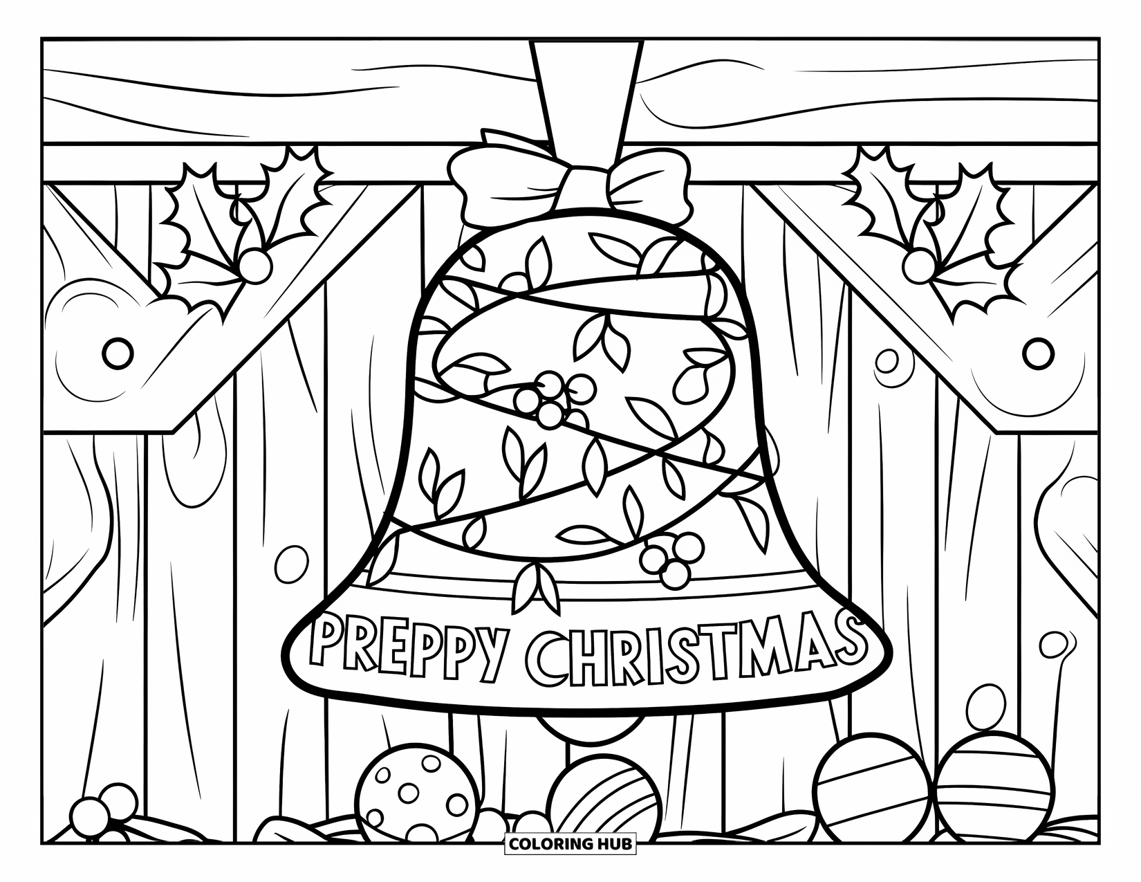 Preppy Christmas Coloring Page for Adults: A large bell with holly and berries brings rustic charm to the holidays