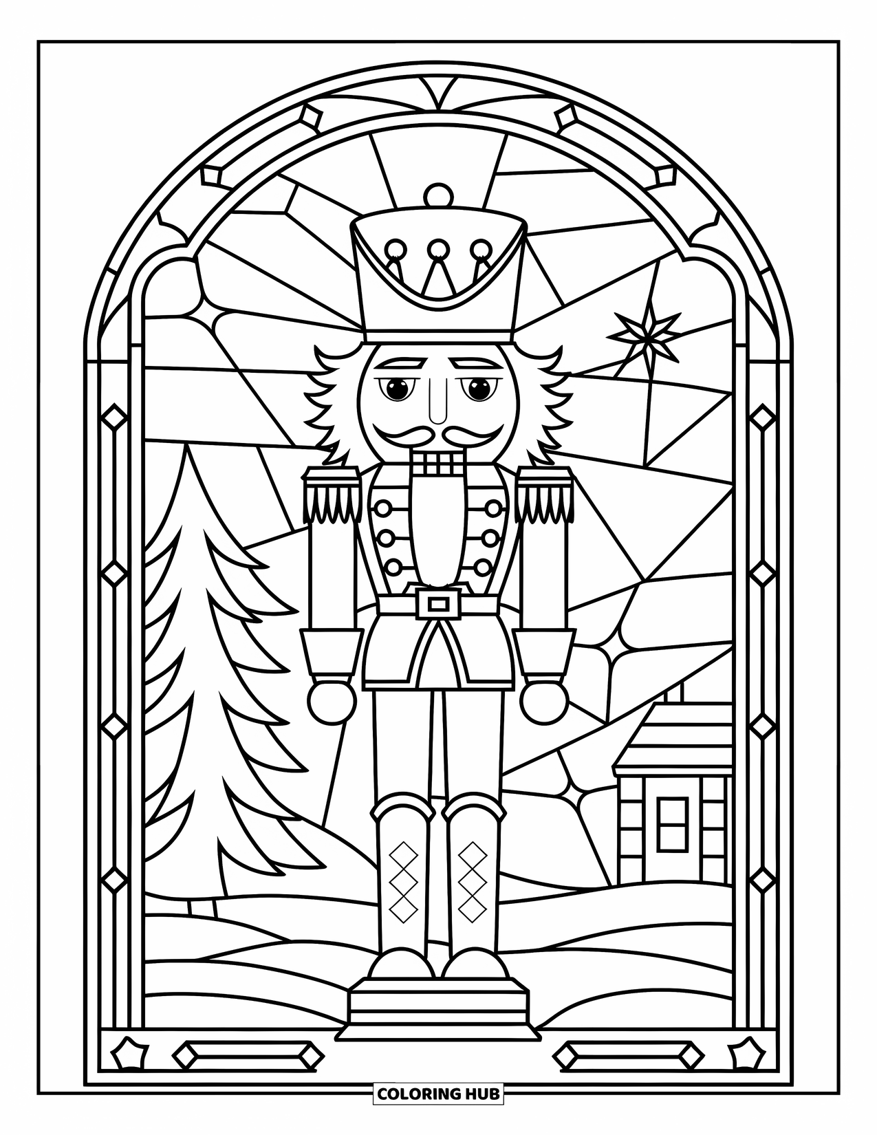 Preppy Christmas Coloring Page for Adults: A proud nutcracker stands in a stained glass frame filled with holiday charm