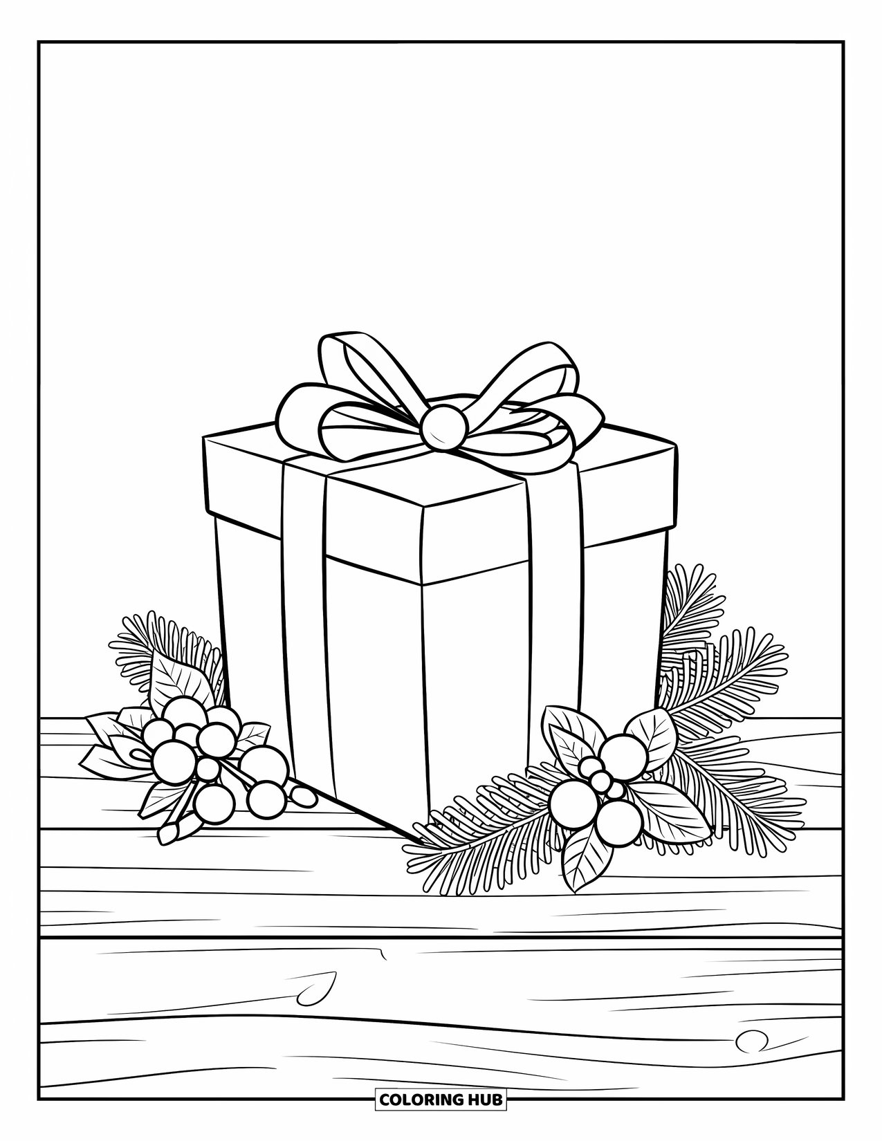 Preppy Christmas Coloring Page for Adults: A single holiday gift rests on a wooden surface with holly nearby