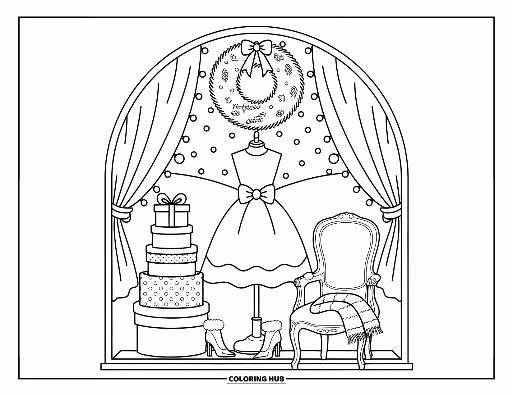 Preppy Christmas Coloring Page for Adults: A stylish dress and gifts shine in a shop window filled with cozy dÈcor