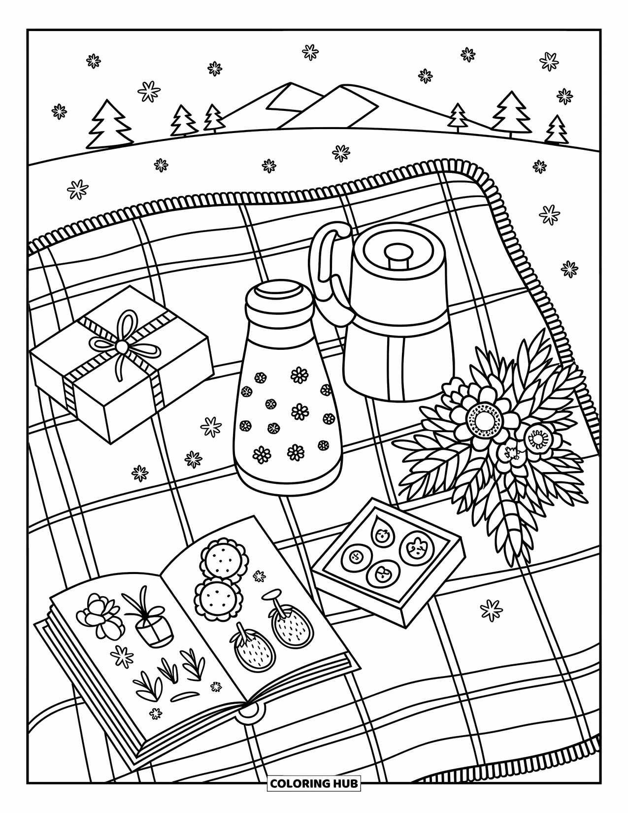 Preppy Christmas Coloring Page for Adults: A winter picnic with cookies, fruit, and presents sits peacefully in the snow