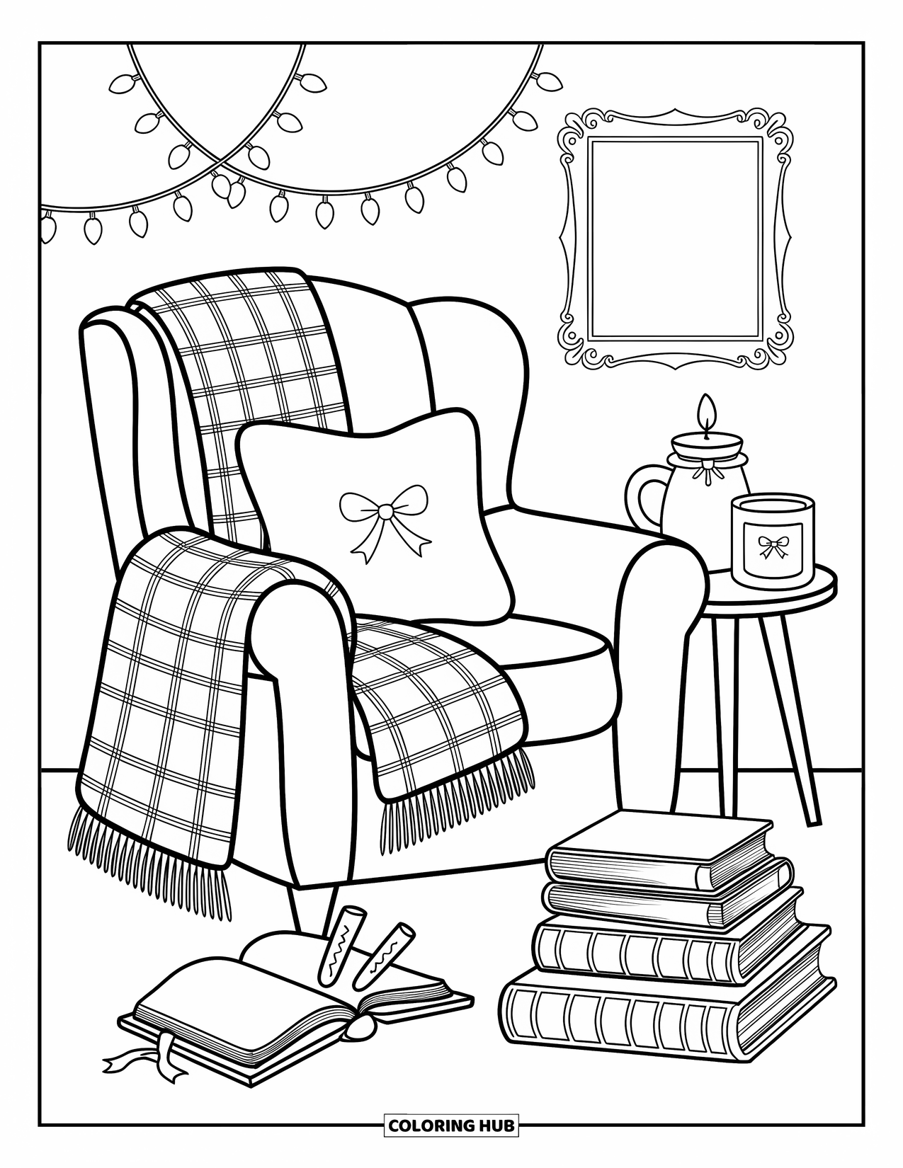 Preppy Christmas Coloring Page for Adults: An armchair and table hold holiday books and tea under glowing lights