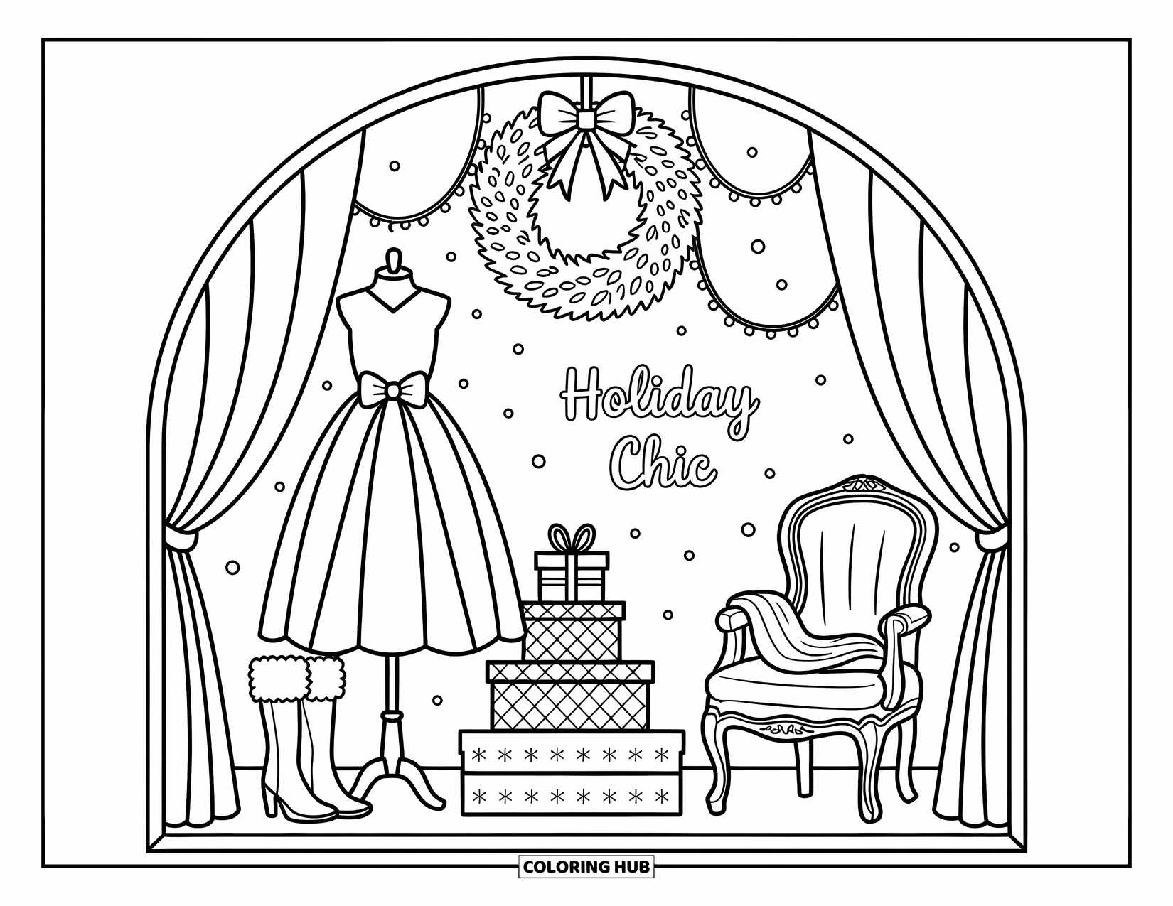 Preppy Christmas Coloring Page for Adults: Winter clothes and lights glow inside a charming shop window framed by snow