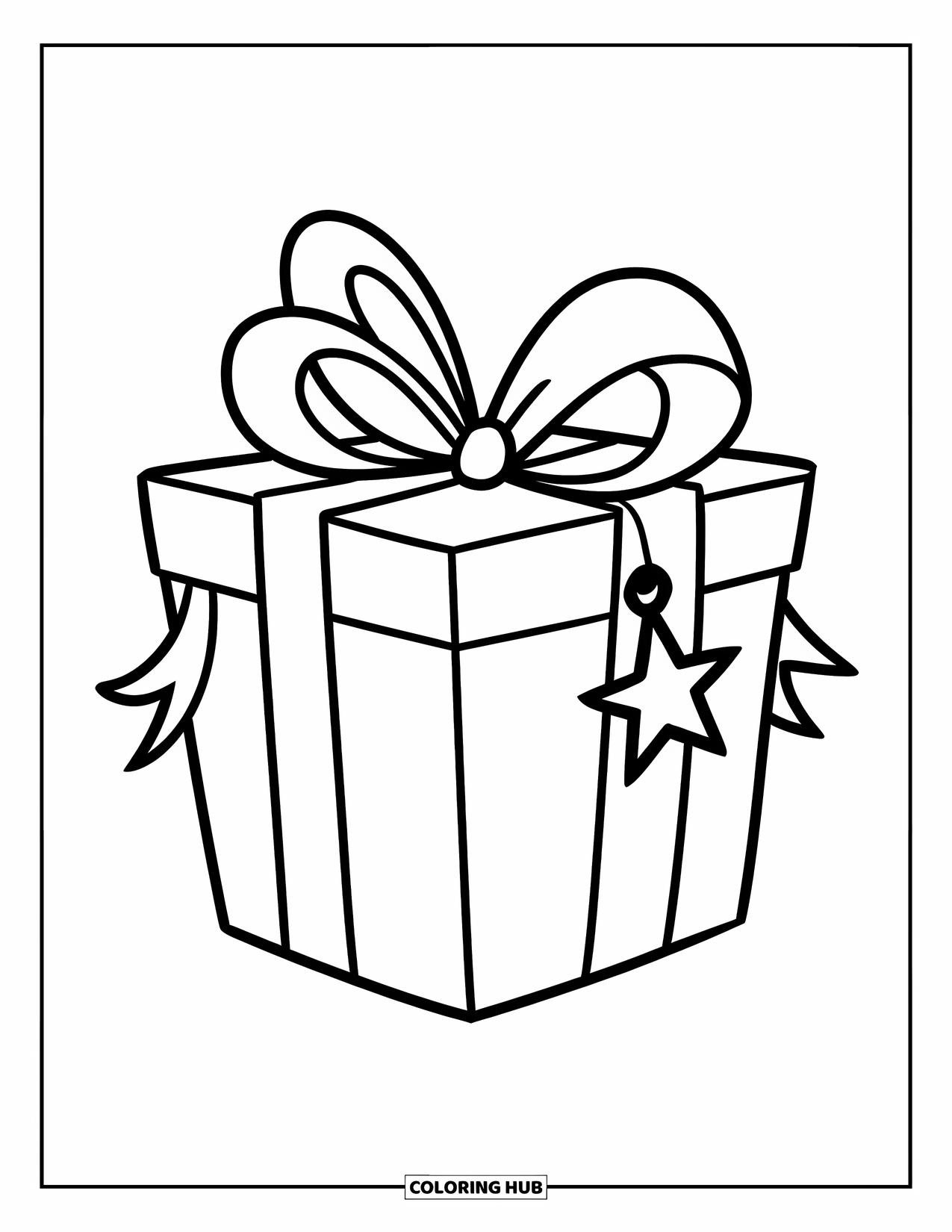 Preppy Christmas Coloring Page for Kids: A gift box shines with a wide ribbon and a star tag