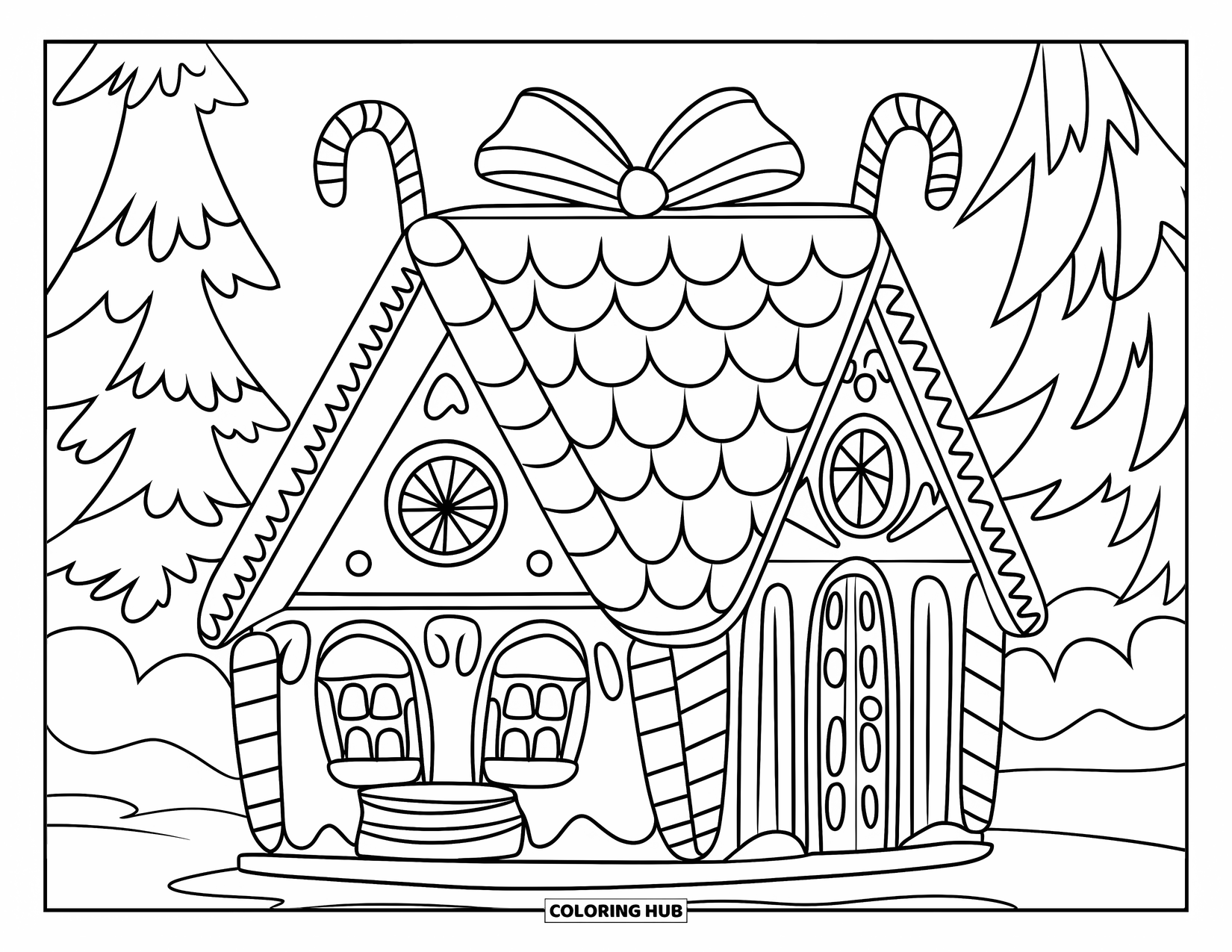 Preppy Christmas Coloring Page for Kids: A gingerbread house with frosting and a bow sits among candy canes and snow