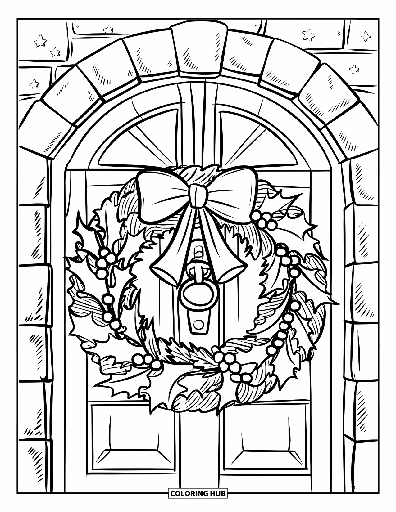 Preppy Christmas Coloring Page for Kids: A holiday wreath with bells and ribbons glows under a starry sky