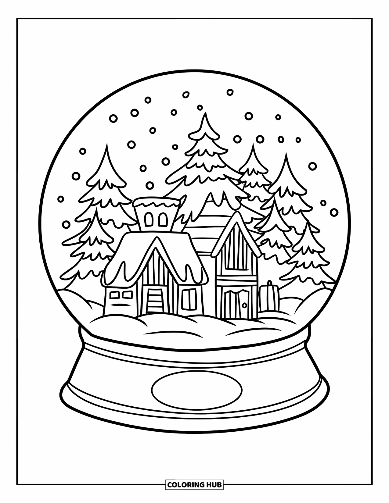 Preppy Christmas Coloring Page for Kids: A little snow globe holds a village with a church and falling snow