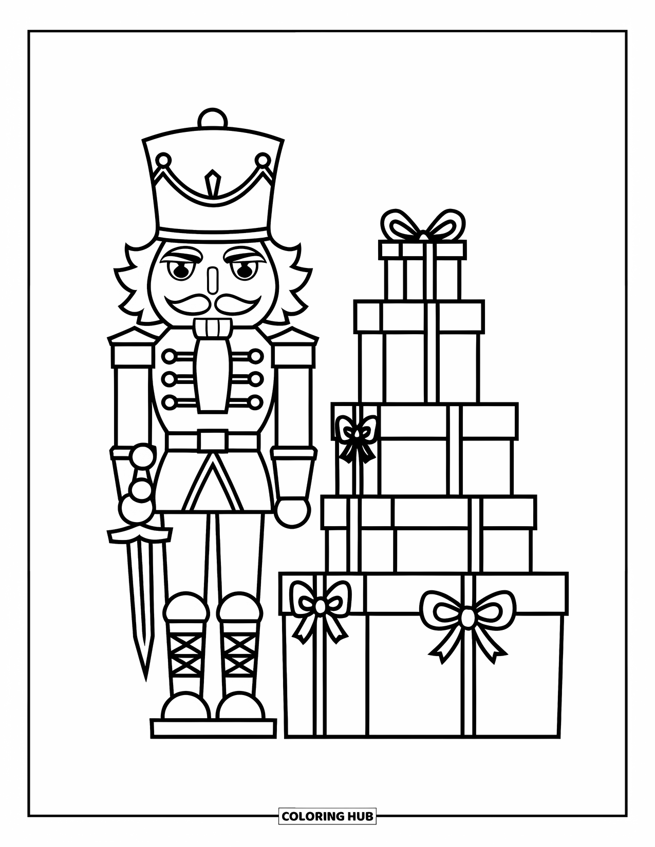 Preppy Christmas Coloring Page for Kids: A nutcracker with a sword guards presents wrapped in ribbons