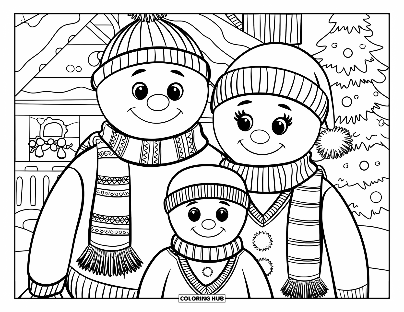 Preppy Christmas Coloring Page for Kids: A snowman family shows off holiday style with scarves, hats, and cozy sweaters