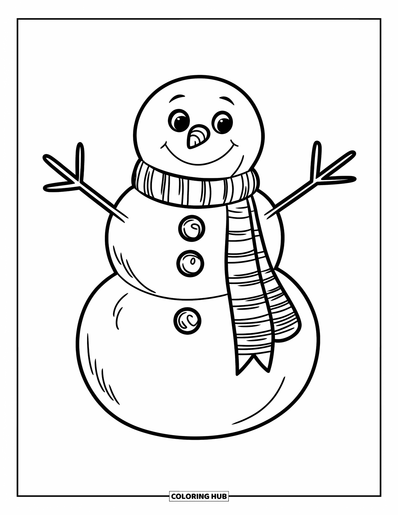 Preppy Christmas Coloring Page for Kids: A snowman holds a big festive bow with stick arms stretched wide
