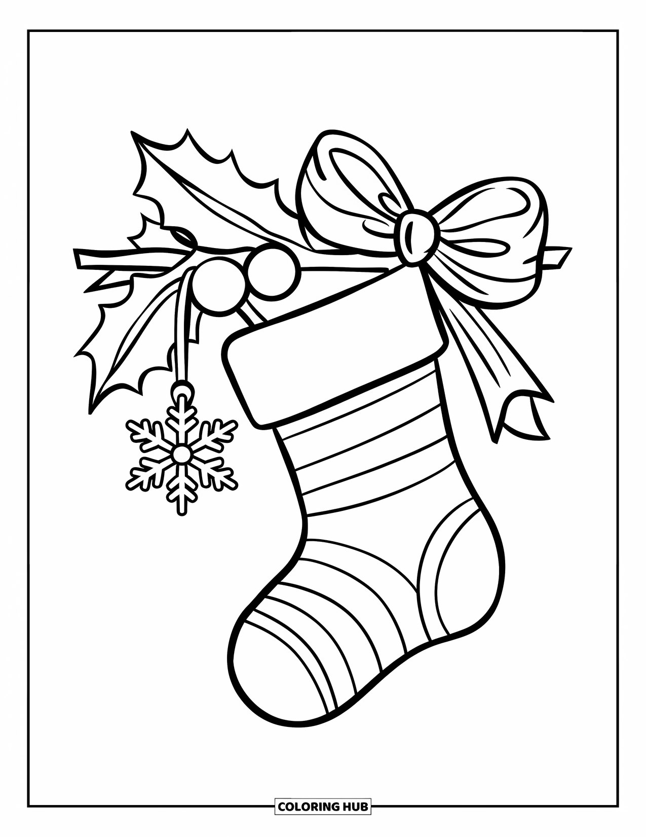 Preppy Christmas Coloring Page for Kids: A striped stocking hangs from a branch with holly and ribbon