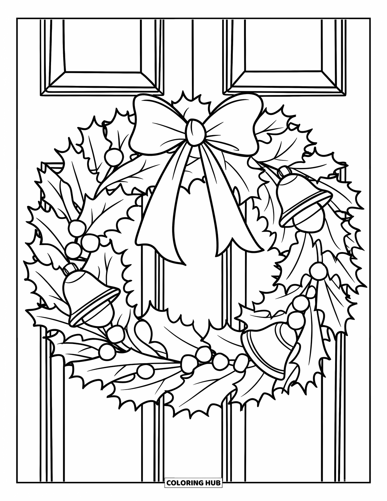 Preppy Christmas Coloring Page for Kids: A wreath with holly, bells, and bows hangs on a festive front door