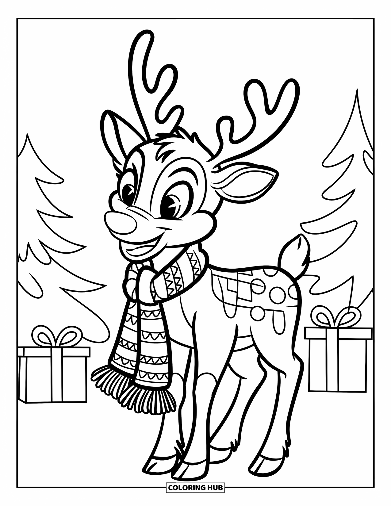 Preppy Christmas Coloring Page for Kids: Festive scarf wraps a happy reindeer with gifts nearby