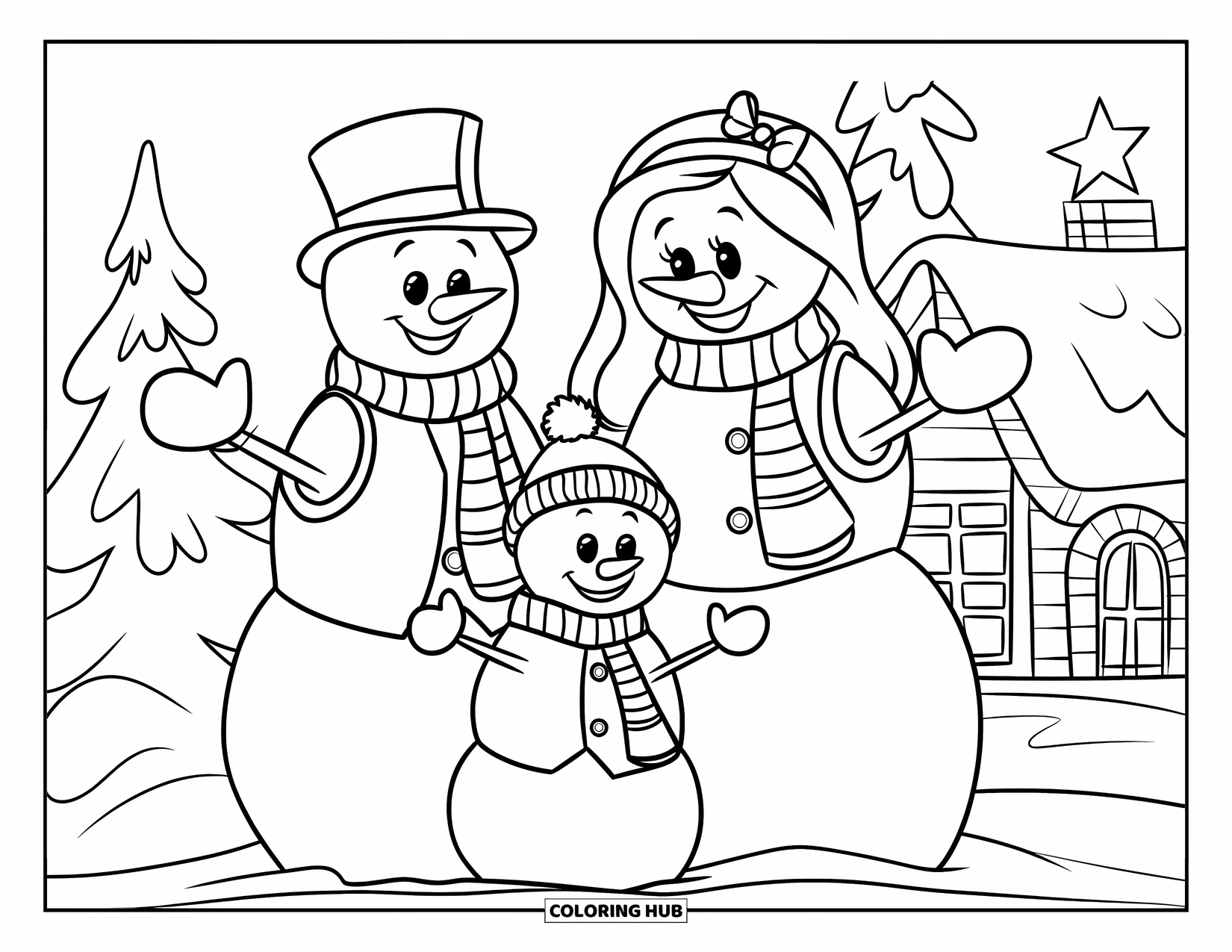 Preppy Christmas Coloring Page for Kids: Festive snowman family stands near a cozy house under wintery skies