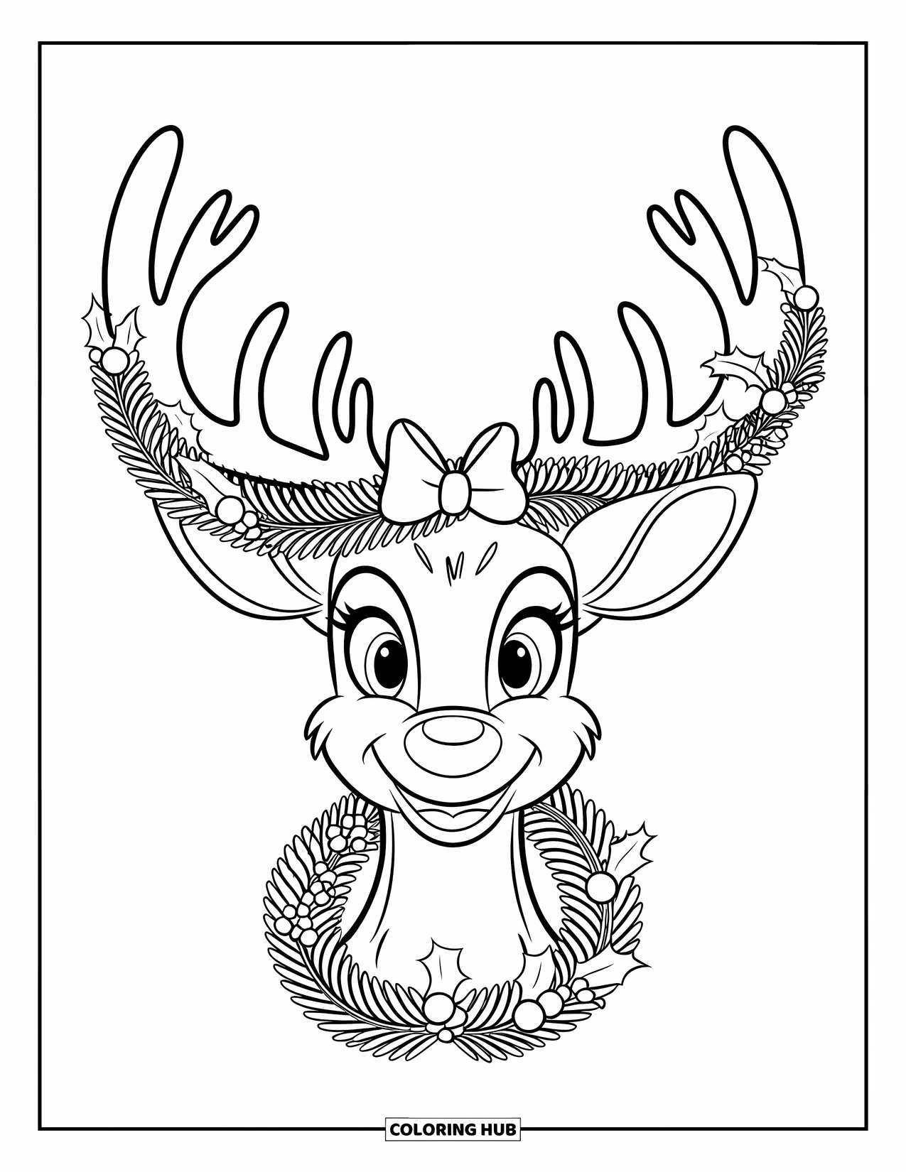 Preppy Christmas Coloring Page for Kids: Friendly reindeer with holly-covered antlers and a bow looks cheerful